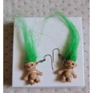 Troll Doll 1" Good Luck Lucky Bingo Lottery Green Pierced Earrings in GIFT BOX